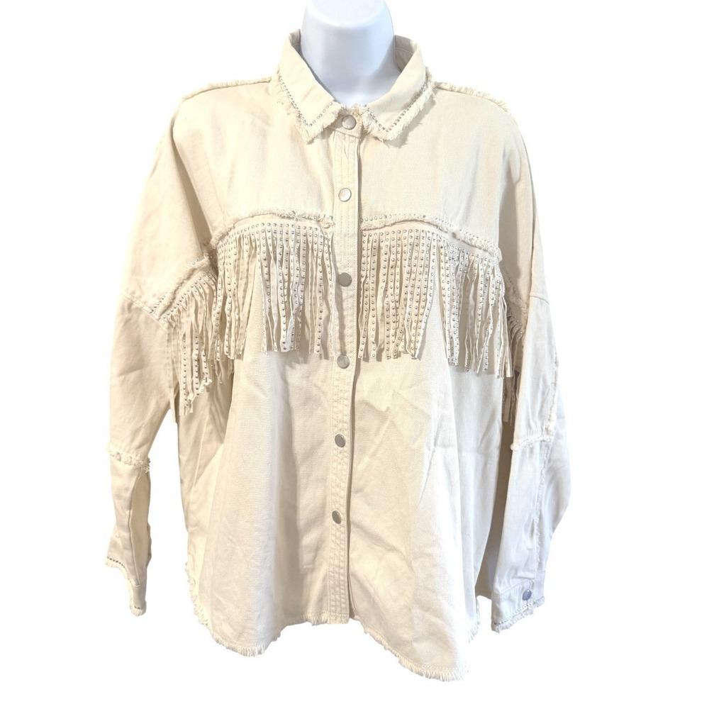 Zara Shacket Women Medium Cream Excellent Studded Fringe‎ Western Festival